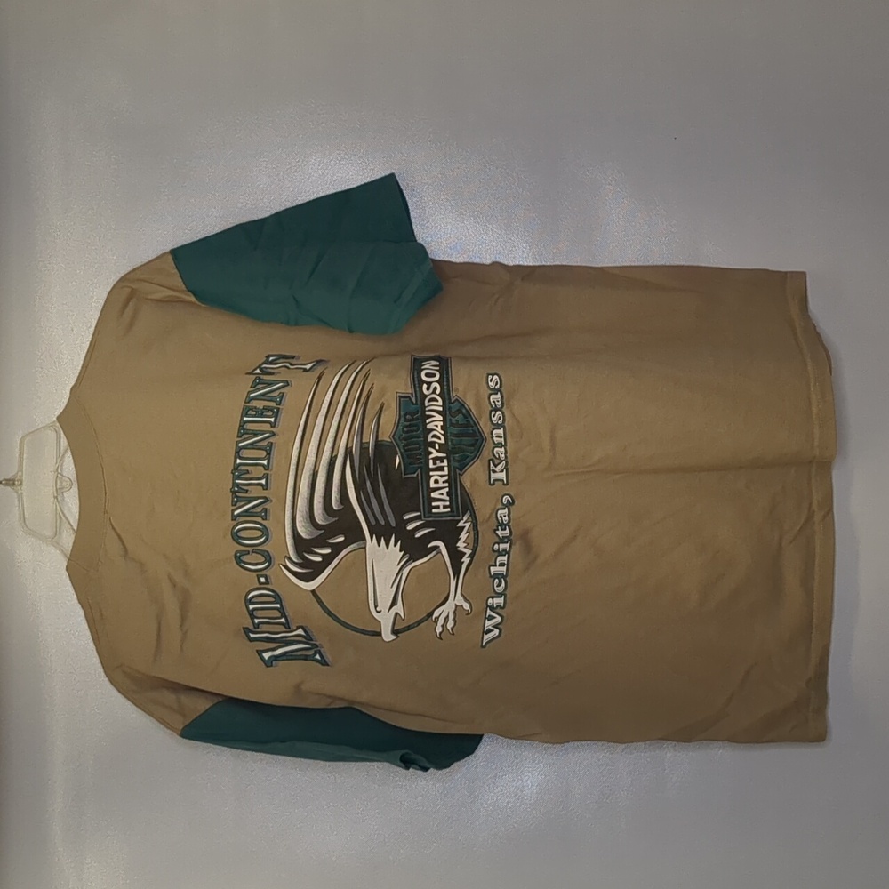 Mid Continent Harley Davidson 1997 Vintage Eagle Tan Teal Men's XL Tee Wichita